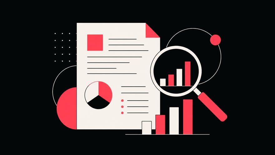 Illustration of a written report with charts and a magnifier