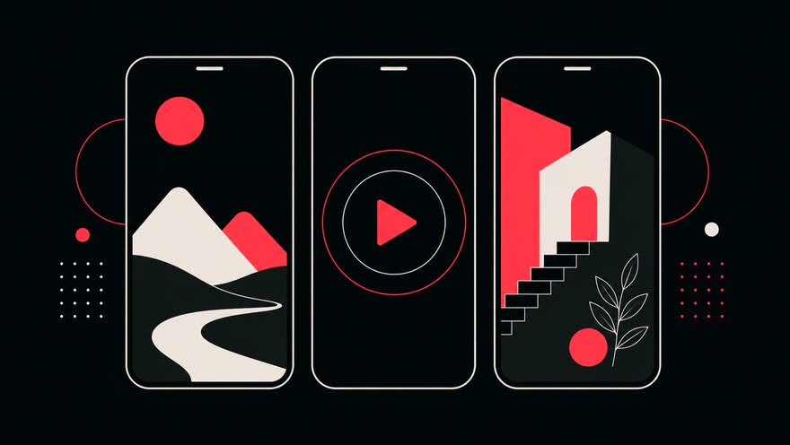 Illustration of three vertical phone frames with video content